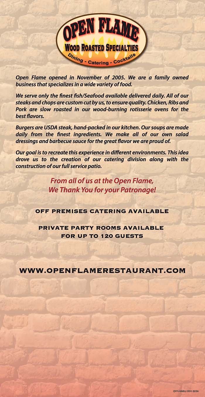 Open Flame Dinner Menu page 2