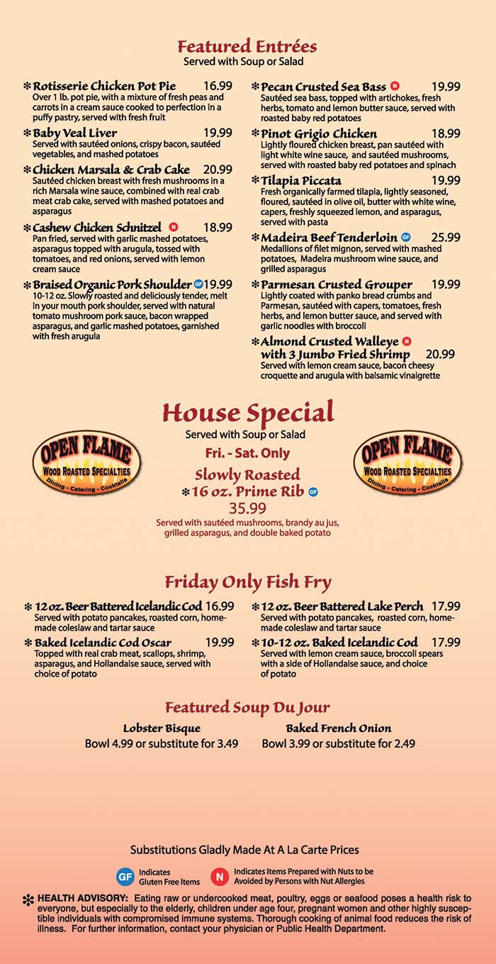 Open Flame Featured Entrees Menu