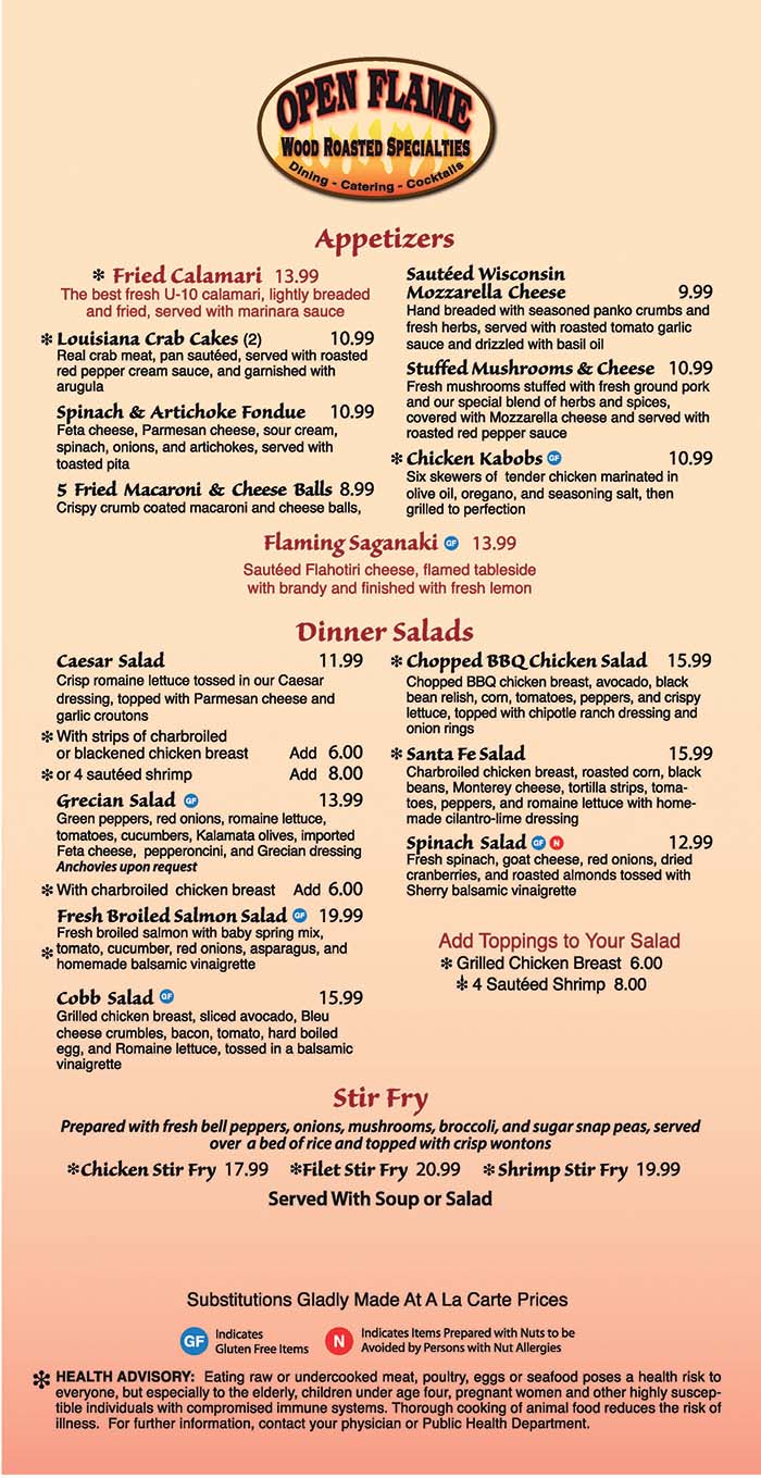 Open Flame Dinner Menu page 1